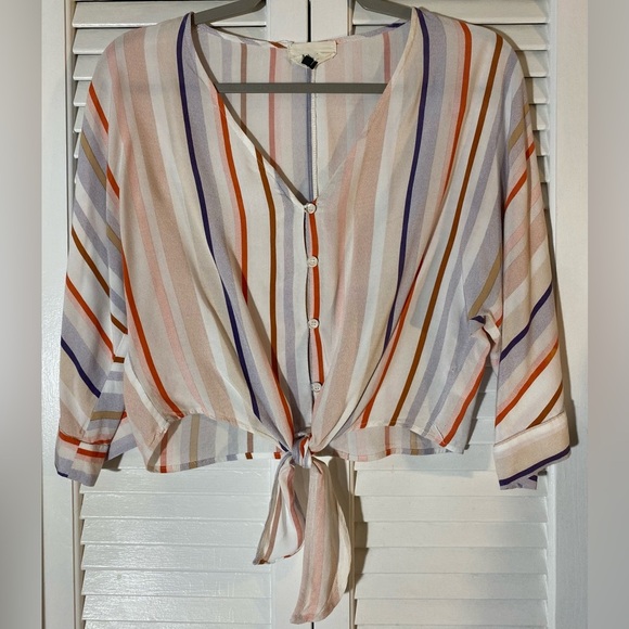 Anthropologie BNDI Blouse Size Small White with Stripes Button Front Cropped - Picture 1 of 8